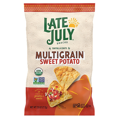 LATE JULY Snacks Multigrain Sweet Potato Organic Tortilla Chips, 7.5 oz. Bag
At Late July, we believe chips should be crafted with real ingredients and delicious combinations. Our Multigrain Tortilla Chips bring together a tasty mix of seeds with the deliciousness of whole grains to create a chip with irresistible flavor and a satisfying crunch. Late July Sweet Potato tortilla chips are made with chia seeds and are perfectly sweet & salted with sea salt. These plant-based, Non-GMO Project Verified chips are perfect for dipping - but tasty enough to eat on their own.

Our Multigrain tortilla chips meld a tasty mix of seeds with the deliciousness of whole grains for an irresistible flavor and crunch that's sure to satisfy.