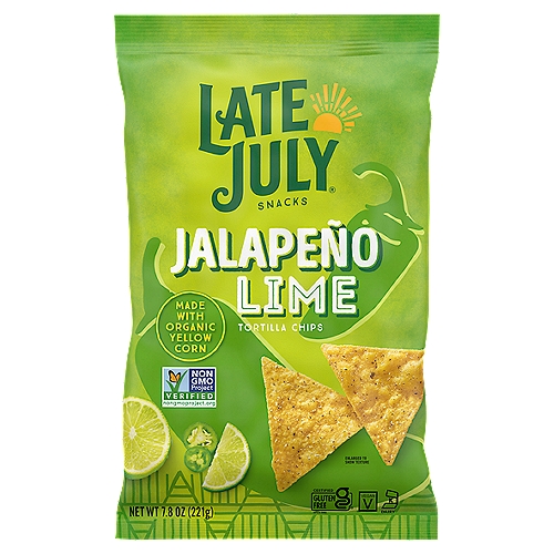 Late July Snacks Jalapeño Lime Tortilla Chips, 7.8 oz
Enjoy the bold taste of our Late July Jalapeño Lime Tortilla Chips. Our tortilla chips are made with organic yellow corn and seasoned with a bold kick of jalapeño pepper and the fresh taste of lime that you can enjoy right out of the bag. We hope you'll love their amazingly crafted taste as much as we do. Late July is the sweet spot of summer. It's a moment in time when life is simple, pure and good. And our chips take you there, any time of year. It's also our name and our snack-making philosophy. Since 2003, we have been obsessed with crafting the world's most delicious snacks with only the finest organic and Non-GMO Project Verified ingredients. And our 100% whole-grain chips are made in a facility that does not process peanuts. There are about 8 servings per 7.8-oz. bag of Late July Tortilla Chips. Thanks for snacking with us.