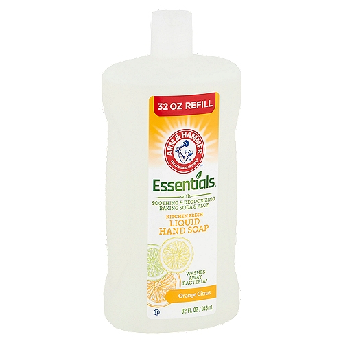 Arm & Hammer Essentials Orange Citrus Kitchen Fresh Liquid Hand Soap, 32 fl oz
Washes Away Bacteria*
*Bacteria encountered in household settings.

Arm & Hammer™ Essentials™ Liquid Hand Soap - formulated with soothing baking soda and moisturizers keep your hands hydrated and fresh.