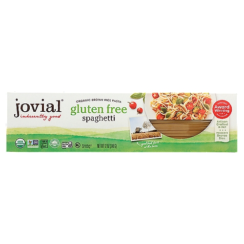Jovial Organic Brown Rice Spaghetti Pasta, 12 oz
100% organic brown rice. Gluten free pasta. USDA Organic. Certified Gluten-Free. Certified Organic by QAI. 100% Whole Grain: 57 g or more per serving. 100% of the grain is whole grain. wholegraincouncil.org. Non GMO Project verified. nongmoproject.org. Award-winning taste & texture: Artisan crafted in Italy pressed with bronze dies cooks to perfection. Inherently good. Artisan Crafted for Over 45 Years: Experience the only gluten free pasta made with the finest Old World traditions. Our pasta artisans have over 45 years of experience making gluten free pasta. The use of bronze dies and slow drying makes our pasta taste as great as the finest wheat pasta from Italy. This is real pasta. Jovial pasta is made with wholesome whole grain brown rice, grown on select organic farms in Italy. We have a direct relationship with each of our farmers, to ensure that the organic rice used to make this pasta comes from the purest source. Top 8 allergen free. Produced in a dedicated gluten free facility. Product free of milk, eggs, fish, shellfish, tree nuts, peanuts, wheat and soy. jovialfoods.com. Caring about the Environment: This carton contains a minimum of 80% recycled materials and is 100% recyclable.