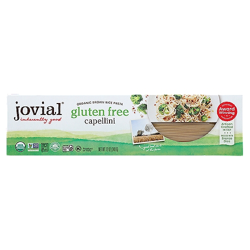 Jovial Gluten Free Capellini Pasta, 12 oz
100% organic brown rice. Gluten free pasta. USDA Organic. Certified Gluten-Free. Certified Organic by QAI. 100% Whole Grain: 57 g or more per serving. 100% of the grain is whole grain. wholegraincouncil.org. Non GMO Project verified. nongmoproject.org. Award-winning taste & texture: Artisan crafted in Italy pressed with bronze dies cooks to perfection. Inherently good. Artisan Crafted for Over 45 Years: Experience the only gluten free pasta made with the finest Old World traditions. Our pasta artisans have over 45 years of experience making gluten free pasta. The use of bronze dies and slow drying makes our pasta taste as great as the finest wheat pasta from Italy. This is real pasta. Jovial pasta is made with wholesome whole grain brown rice, grown on select organic farms in Italy. We have a direct relationship with each of our farmers, to ensure that the organic rice used to make this pasta comes from the purest source. Top 8 allergen free. Produced in a dedicated gluten free facility. Product free of milk, eggs, fish, shellfish, tree nuts, peanuts, wheat and soy. jovialfoods.com. Caring about the Environment: This carton contains a minimum of 80% recycled materials and is 100% recyclable.