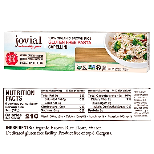 JOVIAL ORGANIC BROWN RICE CAPELLINI PASTA, 12 oz
100% organic brown rice. Gluten free pasta. USDA Organic. Certified Gluten-Free. Certified Organic by QAI. 100% Whole Grain: 57 g or more per serving. 100% of the grain is whole grain. wholegraincouncil.org. Non GMO Project verified. nongmoproject.org. Award-winning taste & texture: Artisan crafted in Italy pressed with bronze dies cooks to perfection. Inherently good. Artisan Crafted for Over 45 Years: Experience the only gluten free pasta made with the finest Old World traditions. Our pasta artisans have over 45 years of experience making gluten free pasta. The use of bronze dies and slow drying makes our pasta taste as great as the finest wheat pasta from Italy. This is real pasta. Jovial pasta is made with wholesome whole grain brown rice, grown on select organic farms in Italy. We have a direct relationship with each of our farmers, to ensure that the organic rice used to make this pasta comes from the purest source. Top 8 allergen free. Produced in a dedicated gluten free facility. Product free of milk, eggs, fish, shellfish, tree nuts, peanuts, wheat and soy. jovialfoods.com. Caring about the Environment: This carton contains a minimum of 80% recycled materials and is 100% recyclable. 