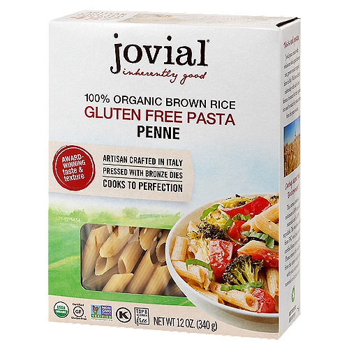 JOVIAL ORGANIC BROWN RICE PENNE RIGATE PASTA, 12 oz
100% organic brown rice. Gluten free pasta. USDA Organic. Certified Gluten-Free. Certified Organic by QAI. 100% Whole Grain: 57 g or more per serving. 100% of the grain is whole grain. wholegraincouncil.org. Non GMO Project verified. nongmoproject.org. Award-winning taste & texture: Artisan crafted in Italy pressed with bronze dies cooks to perfection. Inherently good. Artisan Crafted for Over 45 Years: Experience the only gluten free pasta made with the finest Old World traditions. Our pasta artisans have over 45 years of experience making gluten free pasta. The use of bronze dies and slow drying makes our pasta taste as great as the finest wheat pasta from Italy. This is real pasta. Jovial pasta is made with wholesome whole grain brown rice, grown on select organic farms in Italy. We have a direct relationship with each of our farmers, to ensure that the organic rice used to make this pasta comes from the purest source. Top 8 allergen free. Produced in a dedicated gluten free facility. Product free of milk, eggs, fish, shellfish, tree nuts, peanuts, wheat and soy. jovialfoods.com. Caring about the Environment: This carton contains a minimum of 80% recycled materials and is 100% recyclable. 