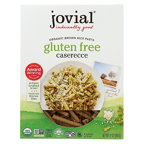 JOVIAL ORGANIC BROWN RICE CASERECCE PASTA, 12 oz
100% organic brown rice. Gluten free pasta. USDA Organic. Certified Gluten-Free. Certified Organic by QAI. 100% Whole Grain: 57 g or more per serving. 100% of the grain is whole grain. wholegraincouncil.org. Non GMO Project verified. nongmoproject.org. Award-winning taste & texture: Artisan crafted in Italy pressed with bronze dies cooks to perfection. Inherently good. Artisan Crafted for Over 45 Years: Experience the only gluten free pasta made with the finest Old World traditions. Our pasta artisans have over 45 years of experience making gluten free pasta. The use of bronze dies and slow drying makes our pasta taste as great as the finest wheat pasta from Italy. This is real pasta. Jovial pasta is made with wholesome whole grain brown rice, grown on select organic farms in Italy. We have a direct relationship with each of our farmers, to ensure that the organic rice used to make this pasta comes from the purest source. Top 8 allergen free. Produced in a dedicated gluten free facility. Product free of milk, eggs, fish, shellfish, tree nuts, peanuts, wheat and soy. jovialfoods.com. Caring about the Environment: This carton contains a minimum of 80% recycled materials and is 100% recyclable. 