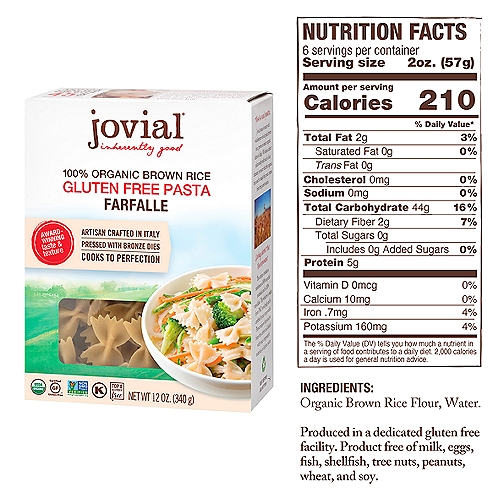 Jovial 100% Organic Brown Rice Gluten Free Farfalle Pasta, 12 oz
This is real pasta.
Jovial pasta is made with wholesome whole grain brown rice, grown on select organic farms in Italy. We have a direct relationship with each of our farmers, to ensure that the organic rice used to make this pasta comes from the purest source.