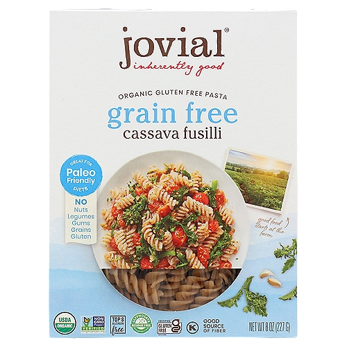 Jovial Grain Free Cassava Fusilli Organic Gluten Free Pasta, 8 oz
4 g of fiber per serving. 100% organic & gluten free pasta. USDA Organic. Certified Organic by QAI. Certified gluten-free. Cassava is a root vegetable that is ground whole and dried into a fiber-rich flour that we use to make this incredible, grain free pasta. Produced in a dedicated gluten free facility. Good source of fiber. Non GMO Project verified. nongmoproject.org. Top 8 Allergen Free: Grain free; gluten free; nut free; legume free; no gums; no starches. Inherently good. Eat freely. Pasta, for everybody The box is made with 80% recycled cardboard. Flatten & recycle again. Product of Italy.