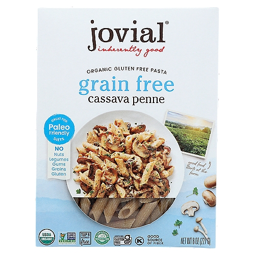 Jovial Organic Grain Free Cassava Penne Organic Gluten Free Pasta, 8 oz
4 g of fiber per serving. 100% organic & gluten free pasta. USDA Organic. Certified Organic by QAI. Certified gluten-free.Cassava is a root vegetable that is ground whole and dried into a fiber-rich flour that we use to make this incredible, grain free pasta. Produced in a dedicated gluten free facility. Good source of fiber. Non GMO Project verified. nongmoproject.org. Top 8 Allergen Free: Grain free; gluten free; nut free; legume free; no gums; no starches. Inherently good. Eat freely. Pasta, for everybody The box is made with 80% recycled cardboard. Flatten & recycle again. Product of Italy.