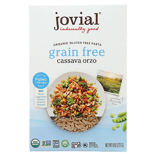 Jovial Cassava Orzo Organic Gluten Free Pasta, 8 oz
4 g of fiber per serving. 100% organic & gluten free pasta. USDA Organic. Certified Organic by QAI. Certified gluten-free. Cassava is a root vegetable that is ground whole and dried into a fiber-rich flour that we use to make this incredible, grain free pasta. Produced in a dedicated gluten free facility. Good source of fiber. Non GMO Project verified. nongmoproject.org. Top 8 Allergen Free: Grain free; gluten free; nut free; legume free; no gums; no starches. Inherently good. Eat freely. Pasta, for everybody The box is made with 80% recycled cardboard. Flatten & recycle again. Product of Italy.