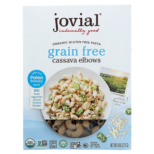 Jovial Organic Grain Free Cassava Elbows Pasta, 8 oz
4 g of fiber per serving. 100% organic & gluten free pasta. USDA Organic. Certified Organic by QAI. Certified gluten-free. Cassava is a root vegetable that is ground whole and dried into a fiber-rich flour that we use to make this incredible, grain free pasta. Produced in a dedicated gluten free facility. Good source of fiber. Non GMO Project verified. nongmoproject.org. Top 8 Allergen Free: Grain free; gluten free; nut free; legume free; no gums; no starches. Inherently good. Eat freely. Pasta, for everybody The box is made with 80% recycled cardboard. Flatten & recycle again. Product of Italy.