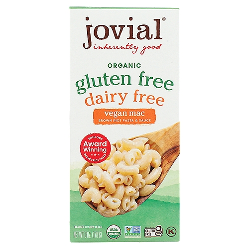Vegan Mac for All!
Jovial brown rice pasta is crafted by a family of fifth generation artisans in Tuscany. Their time-honored methods, including slow drying and using bronze dies to press the dough, produce pasta with perfect taste and al dente texture every time.
We've combined this delicious award-winning pasta with creamy, dairy free goodness to create the ultimate vegan mac! Because no one should have to miss out on comfort food!

Jovial pasta is made with wholesome organic whole grain brown rice grown on small family farms. We work directly with the farmers and each harvest is certified glyphosate-free by The Detox Project.