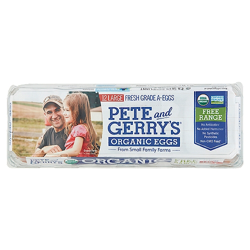  Pete and Gerry's Free Range Organic Eggs, Large, 12 count, 24 oz
No antibiotics(1)
1. No antibiotics were used in the production of these eggs.

No added hormones(2)
2. All eggs are produced without added hormones.

Non-GMO feed(3)
3. Organic eggs do not contain GMOs.