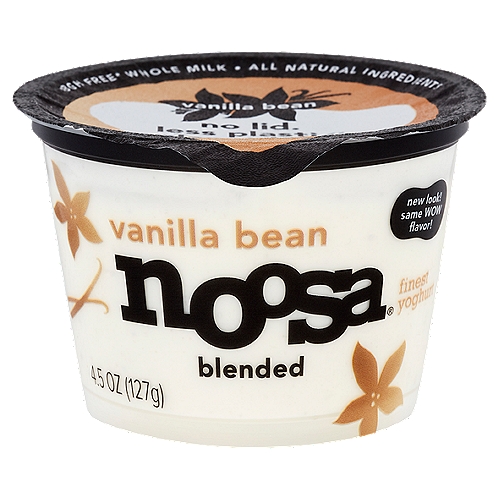 Noosa Vanilla Bean Blended Finest Yoghurt, 4.5 oz
Live Active Cultures: S. Thermophilus, L. Bulgaricus, L. Acidophilus, Bifidus, L. Casei

rBGH Free*
*according to the FDA, no significant difference has been shown between milk derived from rBGH treated and non-rBGH treated cows

No lid
Less plastic
Planet love