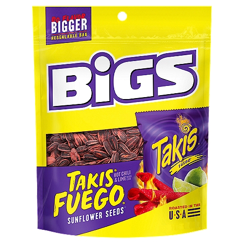 BIGS Takis Fuego Sunflower Seeds, Hot Chili Lime Flavor, Low Carb Lifestyle, 5.35 oz.
BIGS Takis Fuego Sunflower Seeds, Hot Chili & Lime Flavor are the perfect crunchy keto-friendly snacks with a fiery kick. Made with big seeds, roasted for a big kernel crunch and seasoned with Takis hot chili and lime fuego intensity, these salty snacks fit a low carb lifestyle and are sure to hit the spot. Proudly roasted in the USA, these seeds come in a handy resealable bag. Why go small when you can go BIG?

Huge Seeds Flavored in Collaboration with Takis® Fuego® Intensity

We Don't Do Small.
We start with big seeds, roast them for a big kernel crunch, and season each seed with the biggest flavors imaginable. Big - it's how we roll.
