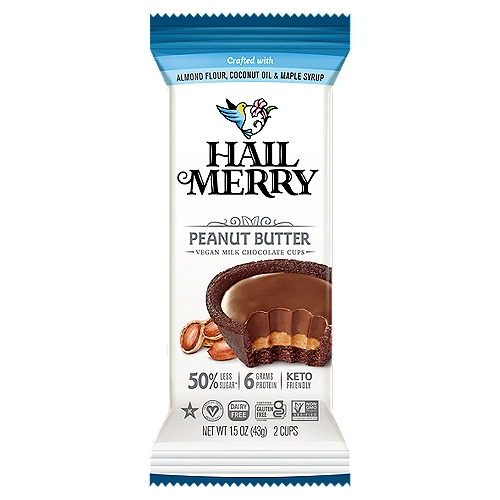 50% Less Sugar*
*The leading national milk chocolate peanut butter cup brand has 22g sugar/1.50oz serving. The leading natural milk chocolate peanut butter cup brand has 16g sugar/1.40oz serving. Hail Merry has 8g sugar/1.50oz serving.

Yes, Please!
✓ Plant-based
✓ Low-temp crafted†
✓ Superfood ingredients
✓ Virgin coconut oil
✓ Non-GMO Project Verified
†Never Baked (to maintain the nutritional integrity of the good fats, and to enhance our fresh taste)

No, Thank You
X Dairy, eggs
X Soy
X Preservatives
X Sugar alcohols
X Palm, sunflower, safflower oil