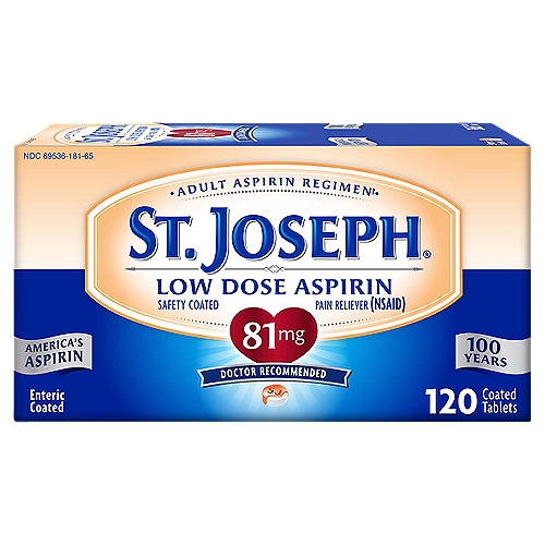 St. Joseph Low Dose Aspirin Coated Tablets, 81 mg, 120 countnDrug FactsnActive ingredient (in each tablet) - PurposenAspirin 81 mg (NSAID)* - Pain relievern*nonsteroidal anti-inflammatory drugnnUsesn■ temporarily relieves minor aches and painn■ ask your doctor about other uses for St. Joseph Safety Coated 81 mg AspirinnnPut a little Love in your Heart™