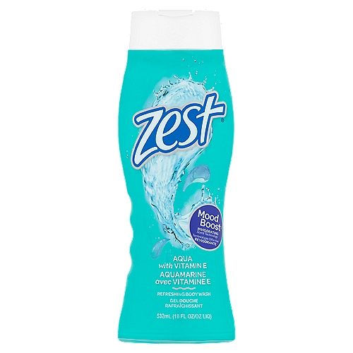 Refreshing Zest Aqua gets you ready for the day and keeps you feeling fresh. Enhanced with Vitamin E, the rich lather rinses clean for smooth, hydrated skin.    MoodBoost  •  This Aqua fragrance, with innovative mood-enhancing scent technology, is proven to help you feel invigorated after every shower.  Don't just smell good, feel good!