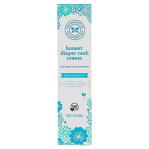 The Honest Co. Diaper Rash Cream, 2.5 oz
Drug Facts
Active ingredient - Purpose
Zinc oxide 14% - Skin protectant

Uses
• Helps treat and prevent diaper rash
• Protects chafed skin due to diaper rash and helps seal out wetness