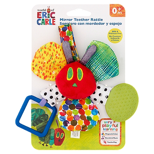 World of Eric Carle Mirror Teether Rattle, 0m+
Very playful learning
Creativity and curiosity are two key building blocks for a lifetime of learning. Each The World of Eric Carle toy is designed not only to amuse and delight, but to inspire playful discovery and learning that is fun. What better way to nurture a very hungry young mind.

Shapes & Color
Lots of bright colors and different shapes help engage baby's visual stimulation

Sounds & Music
Crinkle and rattle sounds capture baby's attention

Tactile Play
Various soft and plastic materials offer different textures for baby to explore