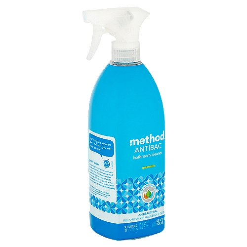 Method Antibac Spearmint Bathroom Cleaner, 28 fl oznKills 99.9% of Household Germs*nnGerm* busternBathrooms get a bad rap. From bathroom-specific stink to the potent cleaners used to combat them, it can seem like rather cheerless territory. But it doesn't have to be that way. Eliminate dirt, germs* + the accompanying odors with our antibacterial bathroom cleaner. No breath-holding necessary.n*Kills 99.9% of household germs, including influenza A flu virus, staphylococcus aureus, rhinovirus, salmonella enterica, on hard, non-porous surfaces.