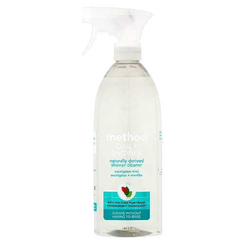 Method Daily Shower Eucalyptus Mint Shower Cleaner, 28 fl oz
We think clean smells like mint leaves, not chemicals.

A spray per day keeps the scrubbing away
Effortlessly maintain the gleam on your clean tiles with our daily shower spray. With powergreen® technology, it dissolves and prevents soap scum while leaving behind a wildly fresh scent. Very little exertion required. We would say ''no exertion required,'' but you do have to engage your trigger finger.