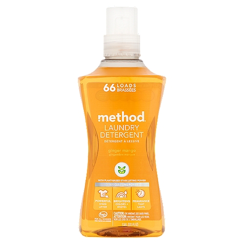Method Ginger Mango Laundry Detergent, 66 loads, 53.5 fl ozn3-in-1 Cleaning PowernPowerful Stain LifternBrightens Colors + WhitesnFragrance that Lasts