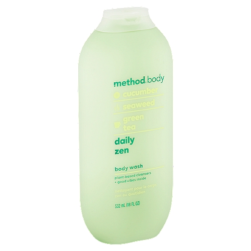 Method Body Daily Zen Cucumber, Seaweed, Green Tea Body Wash, 18 fl oz
Just Breathe
Wash up and say spaahhh. Infused with cucumber, seaweed + green tea, this body wash deeply cleanses daily pollutants, leaving skin feeling soft and smooth + smelling like rejuvenation.
