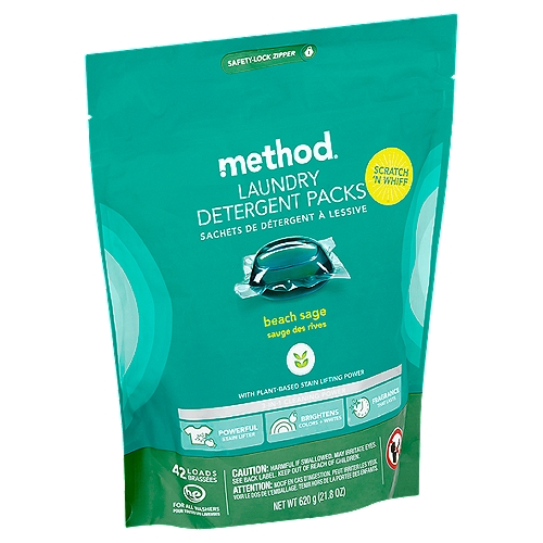 Method Beach Sage Laundry Detergent Packs, 42 loads, 21.8 oznStart a spontaneous clothes-sniffing revolution. And while you're at it, say goodbye to tough stains and hello to bright colors + whites. Maybe do a little shimmy on your way to the washer. Detergent packs this powerful just make good scents.