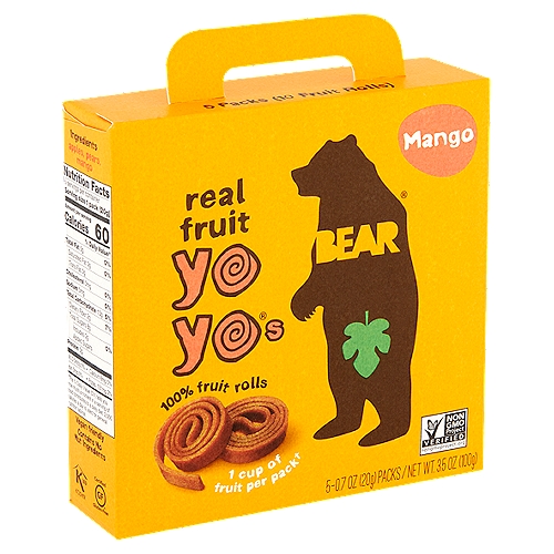 Bear Yoyos Mango 100% Fruit Rolls, 0.7 oz, 5 count
1 cup of fruit per pack†
†Each pack provides one cup of fruit.

No added sugar*
*Not a low calorie food. 

The USDA MyPlate guidelines recommend a daily intake of one to two cups of fruit for a 2,000 calorie diet.

Just fruit absolutely nothing else
We never use concentrates, only whole fresh fruit
So Yoyos are high in fiber, with the same natural sugars as an apple.