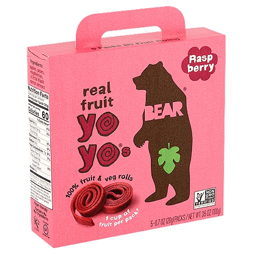 Bear Yoyos Raspberry 100% Fruit & Veg Rolls, 0.7 oz, 5 count
1 cup of fruit per pack†
†Each pack provides one cup of fruit.

No added sugar*
*Not a low calorie food.

The USDA MyPlate guidelines recommend a daily intake of one to two cups of fruit for a 2,000 calorie diet.

Just fruit veg absolutely nothing else
We never use concentrates, only whole fresh fruit and veg
So Yoyos are high in fiber, with the same natural sugars as an apple.