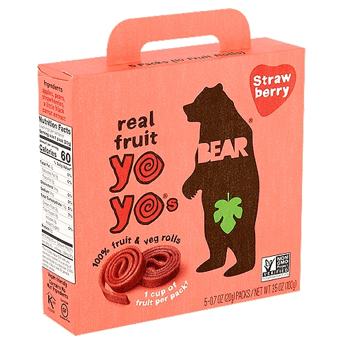 Bear Yoyos Strawberry 100% Fruit & Veg Rolls, 0.7 oz, 5 count
1 cup of fruit per pack†
†Each pack provides one cup of fruit.

No added sugar*
*Not a low calorie food.

The USDA MyPlate guidelines recommend a daily intake of one to two cups of fruit for a 2,000 calorie diet.

Just fruit veg absolutely nothing else
We never use concentrates, only whole fresh fruit and veg
So Yoyos are high in fiber, with the same natural sugars as an apple.