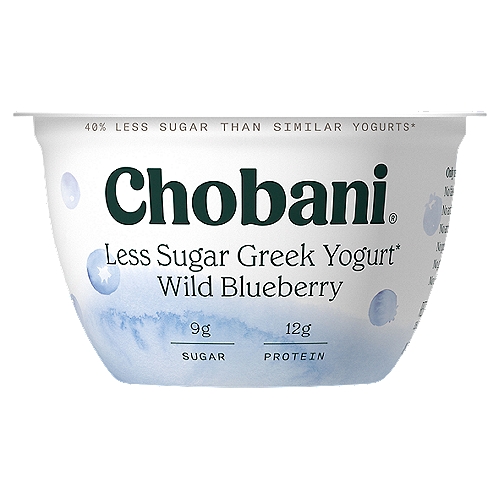 Chobani Wild Blueberry Less Sugar Greek Yogurt, 5.3 oz
Low-Fat Greek Yogurt

No rBST**
**Milk for rBST-treated cows is not significantly different.

6 live and active cultures: S. Thermophilus, L. Bulgaricus, L. Acidophilus, Bifidus, L. Casei, and L. Rhamnosus.

Just a hint of natural fruit, blended with delicately creamy Greek Yogurt