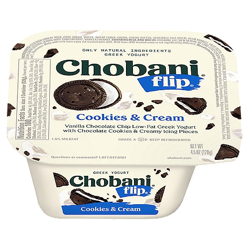 Chobani Flip Cookies & Cream Greek Yogurt, 4.5 oz
Vanilla Chocolate Chip Low-Fat Greek Yogurt with Chocolate Cookies & Creamy Icing Pieces

6 live and active cultures: S. Thermophilus, L. Bulgaricus, L. Acidophilus, Bifidus, L. Casei, and L. Rhamnosus. Made with milk from cows not treated with rBST. Milk from rBST-treated cows is not significantly different.