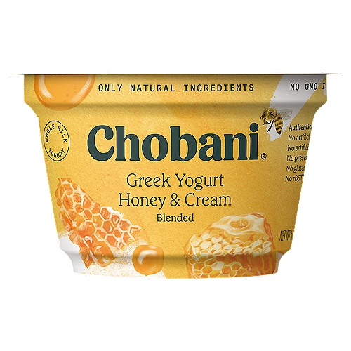 Chobani Blended Honey & Cream Whole Milk Greek Yogurt, 5.3 oz
No rBST*
*Milk from rBST-treated cows is not significantly different.

6 live and active cultures:
S. Thermophilus, L. Bulgaricus, L. Acidophilus, Bifidus, L. Casei, and L. Rhamnosus.