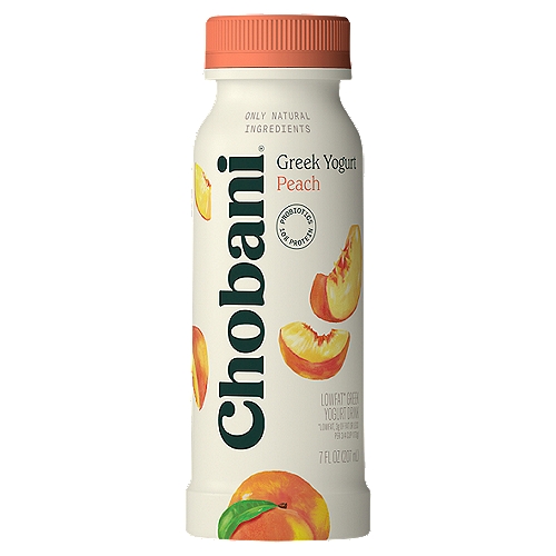 Chobani Peach Low-Fat Greek Yogurt Drink, 7 fl oz
No rBST*
*Milk from rBST-treated cows is not significantly different.

6 live and active cultures: S. Thermophilus, L. Bulgaricus, L. Acidophilus, Bifidus, L. Casei, and L. Rhamnosus.