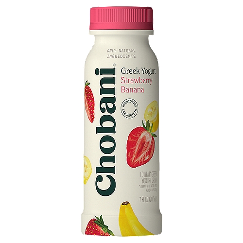 Chobani Strawberry Banana Greek Yogurt Drink, 7 fl oz
Low-Fat Greek Yogurt Drink

6 live and active cultures: S. Thermophilus, L. Bulgaricus, L. Acidophilus, Bifidus, L. Casei, and L. Rhamnosus.

No rBST*
*Milk from rBST-treated cows is not significantly different.