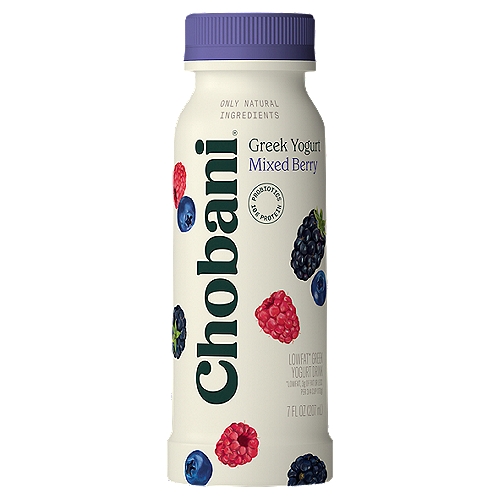 Chobani Mixed Berry Greek Yogurt Drink, 7 fl oz
Low-Fat Greek Yogurt Drink

6 live and active cultures: S. Thermophilus, L. Bulgaricus, L. Acidophilus, Bifidus, L. Casei, and L. Rhamnosus.

No rBST*
*Milk from rBST-treated cows is not significantly different.