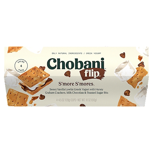 Chobani Flip S'more S'mores Greek Yogurt Value Pack, 5.3 oz, 4 count
Sweet Vanilla Low-Fat Greek Yogurt with Honey Graham Crackers, Milk Chocolate & Toasted Sugar Bits

6 live and active cultures: S. Thermophilus, L. Bulgaricus, L. Acidophilus, Bifidus, L. Casei and L. Rhamnosus.

No rBST*
*Milk from rBST-treated cows is not significantly different.