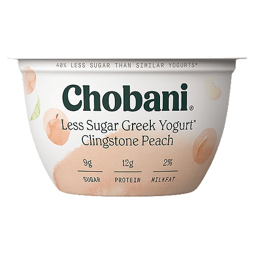Chobani Clingstone Peach Less Sugar Low-Fat Greek Yogurt, 5.3 oz
40% Less Sugar than Similar Yogurts

No rBST**
**Milk from rBST-treated cows is not significantly different.

6 Live and active cultures:
S. Thermophilus, L. Bulgaricus, L. Acidophilus, Bifidus, L. Casei, and L. Rhamnosus.

Just a hint of natural fruit, blended with delicately creamy Greek yogurt