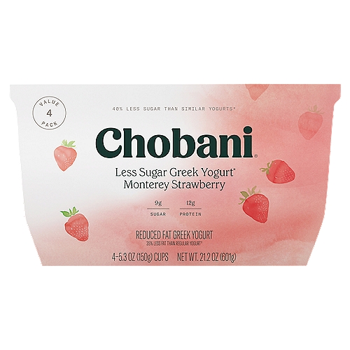 Chobani Less Sugar Greek Monterey Strawberry Yogurt 4 Value Pack 4 - 5.3 oz Cups