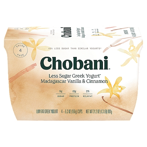 Chobani® Less Sugar Low-Fat Greek Yogurt Madagascar Vanilla Cinnamon 5.3oz 4-pk