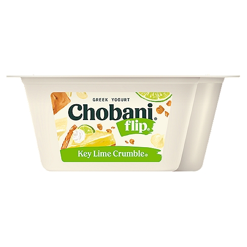 Chobani Flip Key Lime Crumble Greek Yogurt, 4.5 oz
Key Lime Low-Fat Greek Yogurt with Graham Crackers & White Chocolate

6 live and active cultures: S. Thermophilus, L. Bulgaricus, L. Acidophilus, Bifidus, L. Casei, and L. Rhamnosus. Made with milk from cows not treated with rBST. Milk from rBST-treated cows is not significantly different.