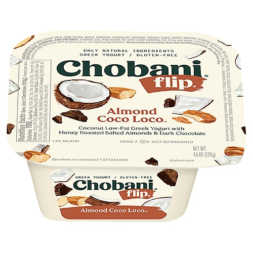 Chobani Flip Almond Coco Loco Greek Yogurt, 4.5 oz
Coconut Low-Fat Greek Yogurt with Honey Roasted Salted Almonds & Dark Chocolate

6 live and active cultures: S. Thermophilus, L. Bulgaricus, L. Acidophilus, Bifidus, L. Casei, and L. Rhamnosus. Made with milk from cows not treated with rBST. Milk from rBST-treated cows is not significantly different.