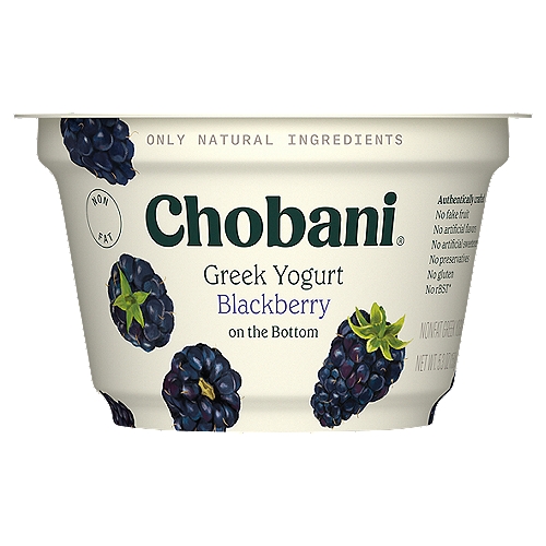 Chobani Blackberry on the Bottom Greek Yogurt, 5.3 oz
Non-Fat Greek Yogurt

6 live and active cultures:
S. Thermophilus, L. Bulgaricus, L. Acidophilus, Bifidus, L. Casei, and L. Rhamnosus.