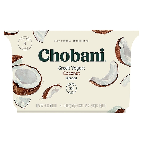 Chobani Coconut Blended Greek Yogurt Value Pack, 5.3 oz, 4 count
Low-Fat Greek Yogurt

The flavor and subtle crunch of coconut speaks to you in the unmistakable rhythm of warm, far-away waves. And just like that, you're relaxed. And full of coconut.

No rBST*
*Milk from rBST-treated cows is not significantly different.

6 live and active cultures:
S. Thermophilus, L. Bulgaricus, L. Acidophilus, Bifidus, L. Casei, and L. Rhamnosus.