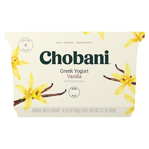Chobani Vanilla Blended Greek Yogurt Value Pack, 5.3 oz, 4 count
Non-Fat Greek Yogurt

Carried from some far-off, exotic place, where a little flower became a little bean. And that little bean, suspended and unremarkable, the cloak that conceals the magic within—flavor like perfume.

No rBST*
*Milk from rBST-treated cows is not significantly different.

6 live and active cultures: S. Thermophilus, L. Bulgaricus, L. Acidophilus, Bifidus, L. Casei, and L. Rhamnosus.