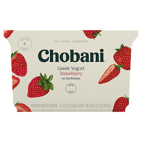 Chobani Strawberry Greek Yogurt Value Pack, 5.3 oz, 4 count
Non-Fat Greek Yogurt

The best strawberry you ever tasted was a strawberry, a real strawberry. And that's why our strawberry yogurt is made with real strawberries.

No rBST*
*Milk from rBST-treated cows is not significantly different.

6 live and active cultures: S. Thermophilus, L. Bulgaricus, L. Acidophilus, Bifidus, L. Casei, and L. Rhamnosus.