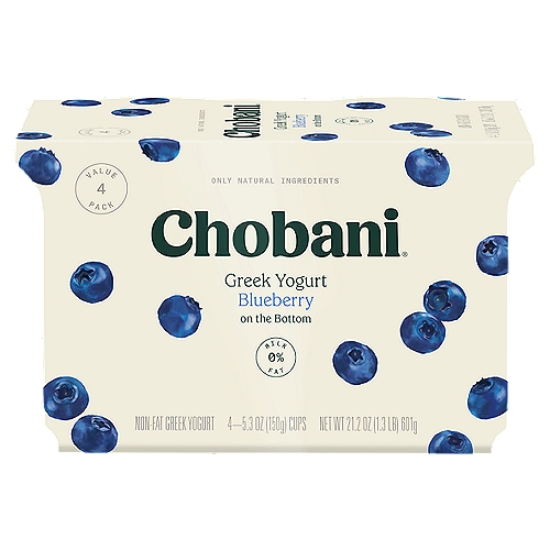Chobani Blueberry Greek Yogurt Value Pack, 5.3 oz, 4 count
Non-Fat Greek Yogurt

Flavor is special. Flavor is the most blueberry thing about a blueberry, which is why we use real blueberries in our yogurt. We use real everything. And then we just get out of the way.

No rBST*
*Milk from BST-treated cows is not significantly different.

6 live and active cultures:
S. Thermophilus, L. Bulgaricus, L. Acidophilus, Bifidus, L. Casei, and L. Rhamnosus.