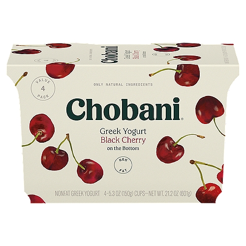 Chobani Black Cherry Greek Yogurt Value Pack, 5.3 oz, 4 count
Non-Fat Greek Yogurt

Black cherries in glittering bushels. Sweet, supple gemstones-singing, breathing, bursting black cherry. Plucked and delivered proudly, tenderly, to you.

No rBST*
*Milk from rBST-treated cows is not significantly different.

6 live and active cultures: S. Thermophilus, L. Bulgaricus, L. Acidophilus, Bifidus, L. Casei, and L. Rhamnosus.