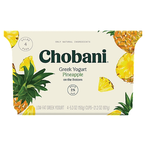 Chobani Pineapple Greek Yogurt Value Pack, 5.3 oz, 4 count
Low-Fat Greek Yogurt

Glamorous on the outside and sweet on the inside. If the fruits of the world held a pageant, pineapple would wear a tiny tiara on top of its leafy crown.

No rBST*
*Milk from BST-treated cows is not significantly different.

6 live and active cultures:
S. Thermophilus, L. Bulgaricus, L. Acidophilus, Bifidus, L. Casei, and L. Rhamnosus.
