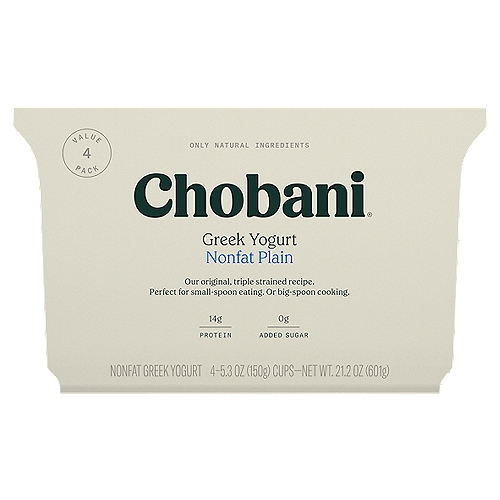 Chobani Non-Fat Plain Greek Yogurt Value Pack, 5.3 oz, 4 count
Our original, triple strained recipe.
Perfect for small-spoon eating. Or big-spoon cooking.

0g Added Sugar†
†Not a low-calorie food.

Once upon a time, food was good, and yogurt was good, made the old-world way, locally sourced and authentically strained. We aim to do things the old way again, in the same good way. Slower, but better. For the land, for families, for chefs of any definition.

No rBST*
*Milk from rBST-treated cows is not significantly different.

6 live and active cultures:
S. Thermophilus, L. Bulgaricus, L. Acidophilus, Bifidus, L. Casei, and L. Rhamnosus.